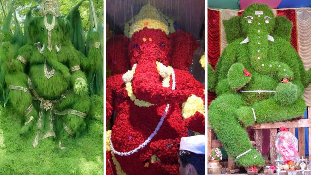 Ganesha idol made up of grass and flowers