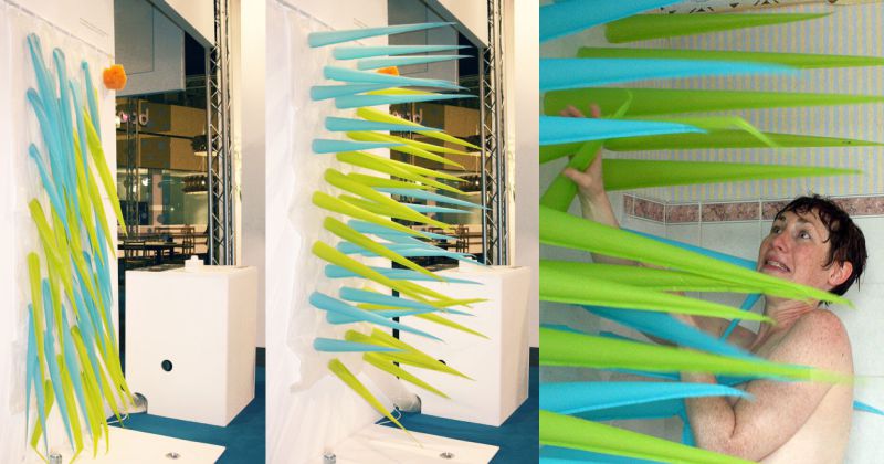 Shower curtain with inflatable spikes to save water