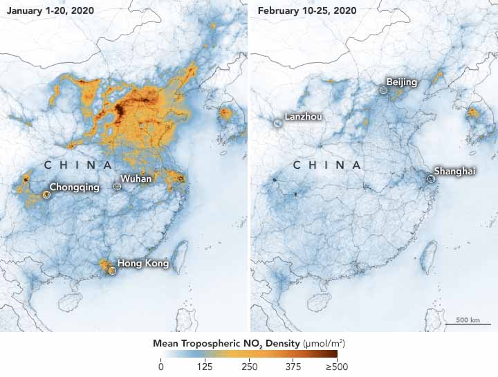 NASA Space Images show a significant decrease in Nitrogen Dioxide (NO2) over China due to the coronavirus outbreak