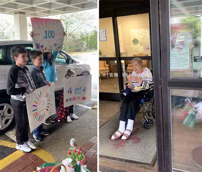 Kids singing from outside the nursing home to wish her on 100th birthday,